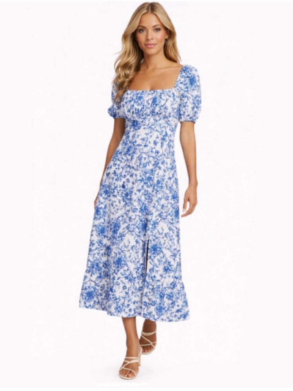 London Times Blue and White Floral Square-Neck Midi Dress